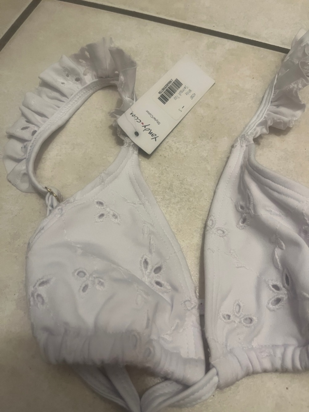 YANDY White Eyelet Ruffle Triangle Bikini Top